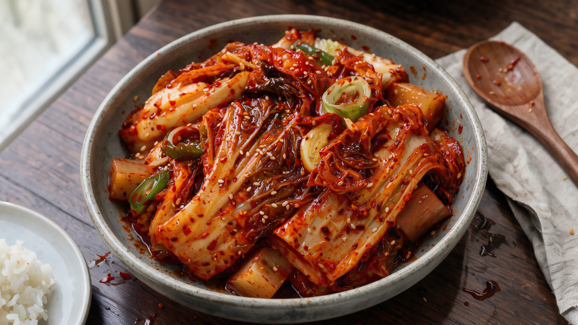 A bowl of spicy Korean napa cabbage kimchi in a 4K Ultra HD PC desktop wallpaper background.