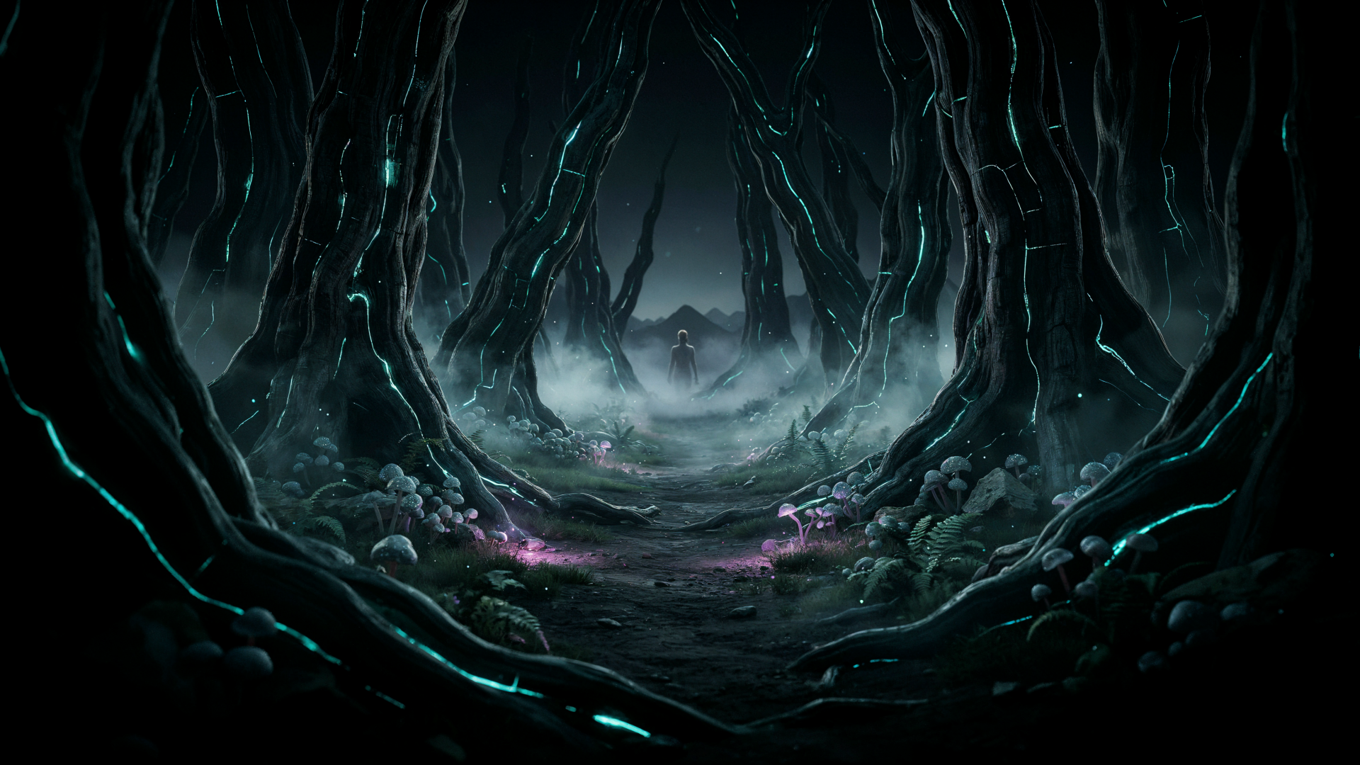 4K Ultra HD haunted forest wallpaper with eerie fog drifting between twisted trees on a dark woodland path.