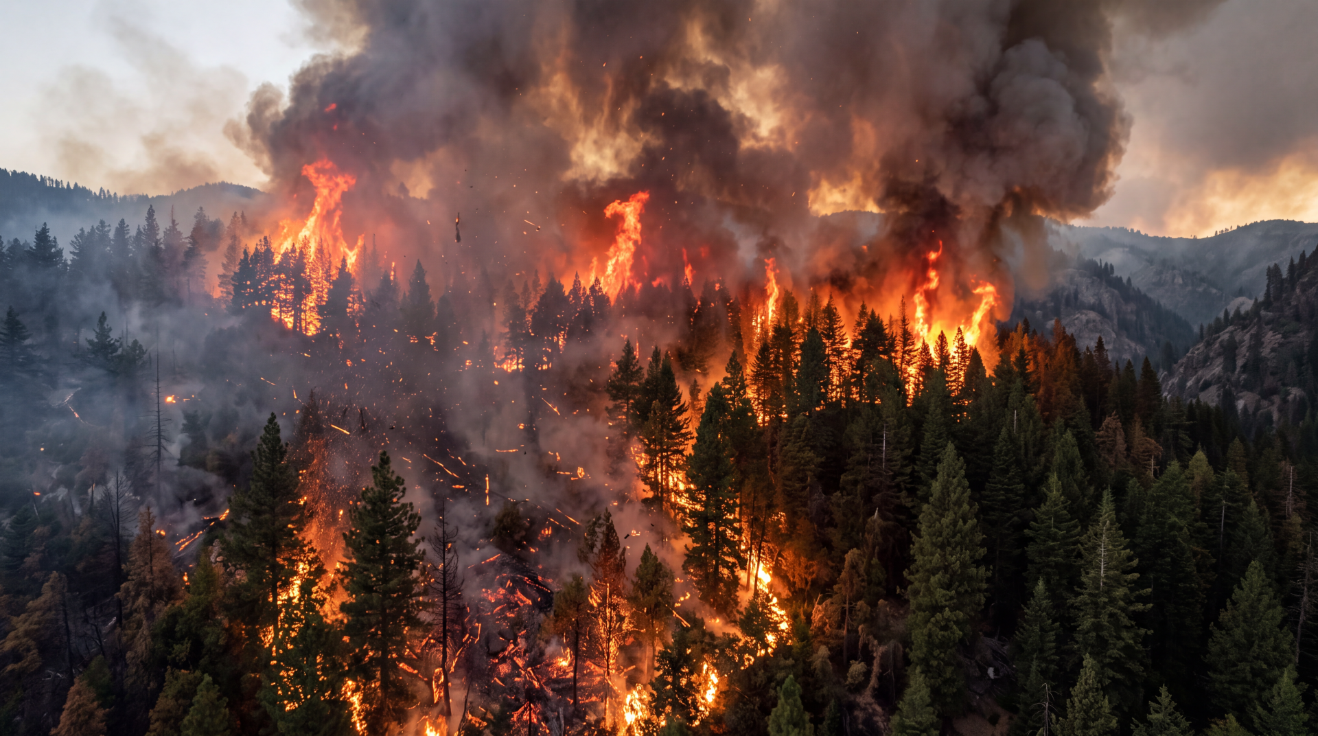A dramatic wildfire engulfs a mountain forest, sending thick smoke above blazing trees in this 5K Ultra HD desktop wallpaper.