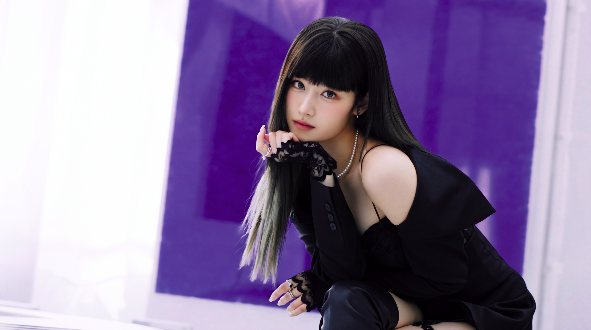 TWICE and MiSaMo’s Sana, K-pop singer and Japanese model, in a black outfit against purple—5K Ultra HD PC desktop wallpaper.