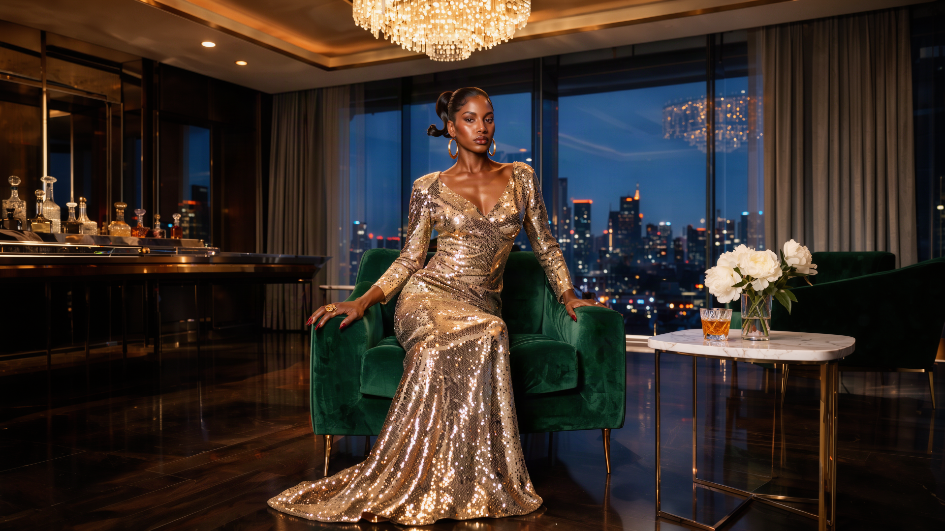 Glamorous woman in a gold evening gown lounges in a luxurious city-view bar, 4K Ultra HD PC desktop wallpaper and background.