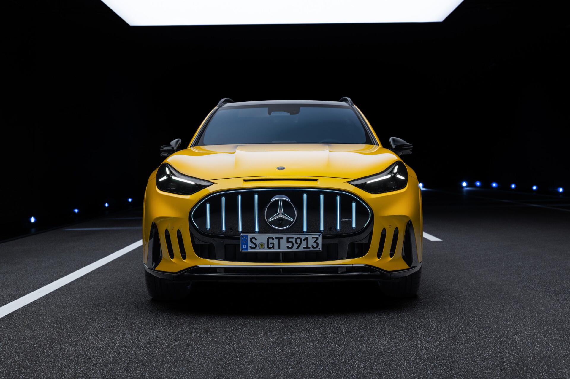 Yellow Mercedes-AMG GT SUV on a dark road, featured in a 2K Quad HD PC desktop wallpaper background.