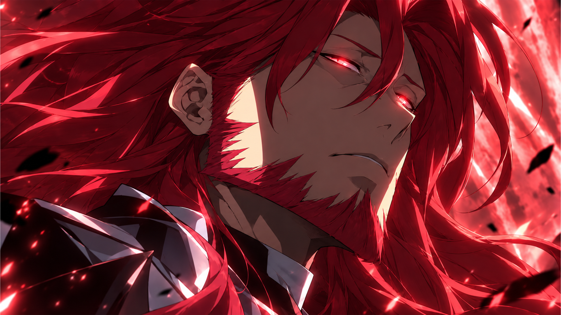 Antares from Solo Leveling in a dramatic red anime portrait, surrounded by flames and destruction; 4K Ultra HD PC desktop wallpaper.