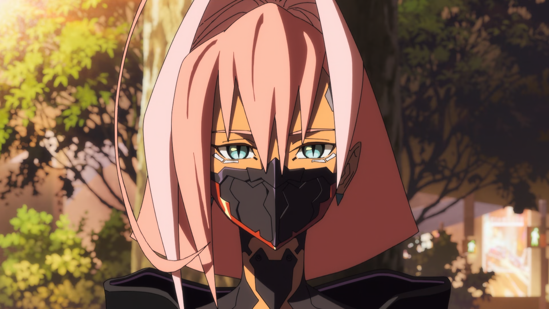 Talia Yang from Cyberpunk: Edgerunners 2 in an anime HD PC desktop wallpaper, wearing a black mask beneath autumn trees.