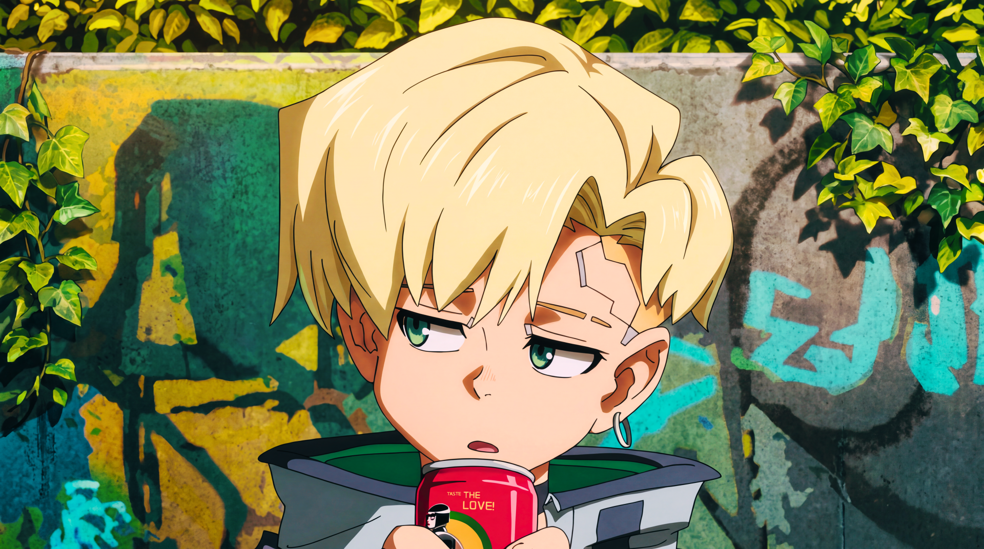 Roman Carax from Cyberpunk: Edgerunners 2 sipping a drink before a graffiti-covered wall, anime 5K Ultra HD PC desktop wallpaper and background.