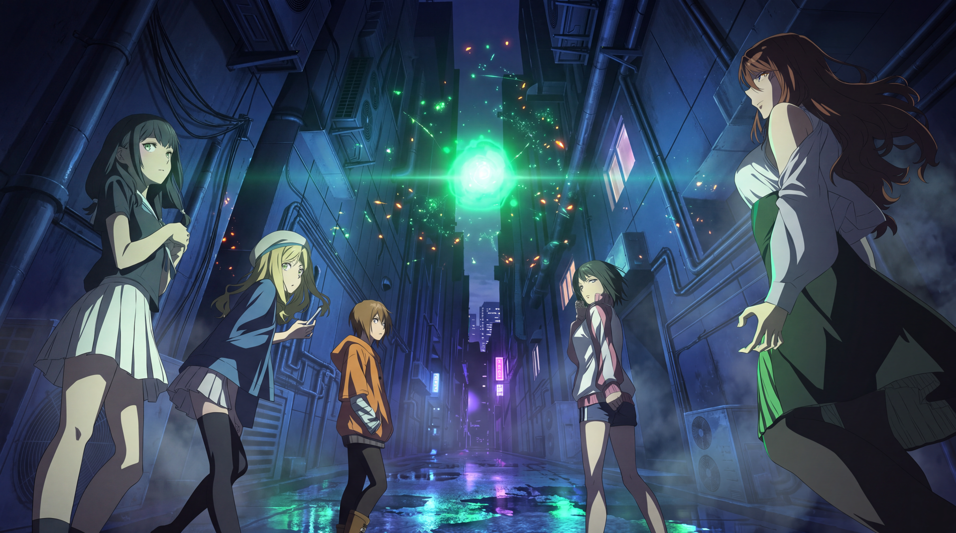 Toaru Anbu no ITEM 5K Ultra HD desktop wallpaper featuring Shizuri Mugino and anime girls in a neon-lit city alley.