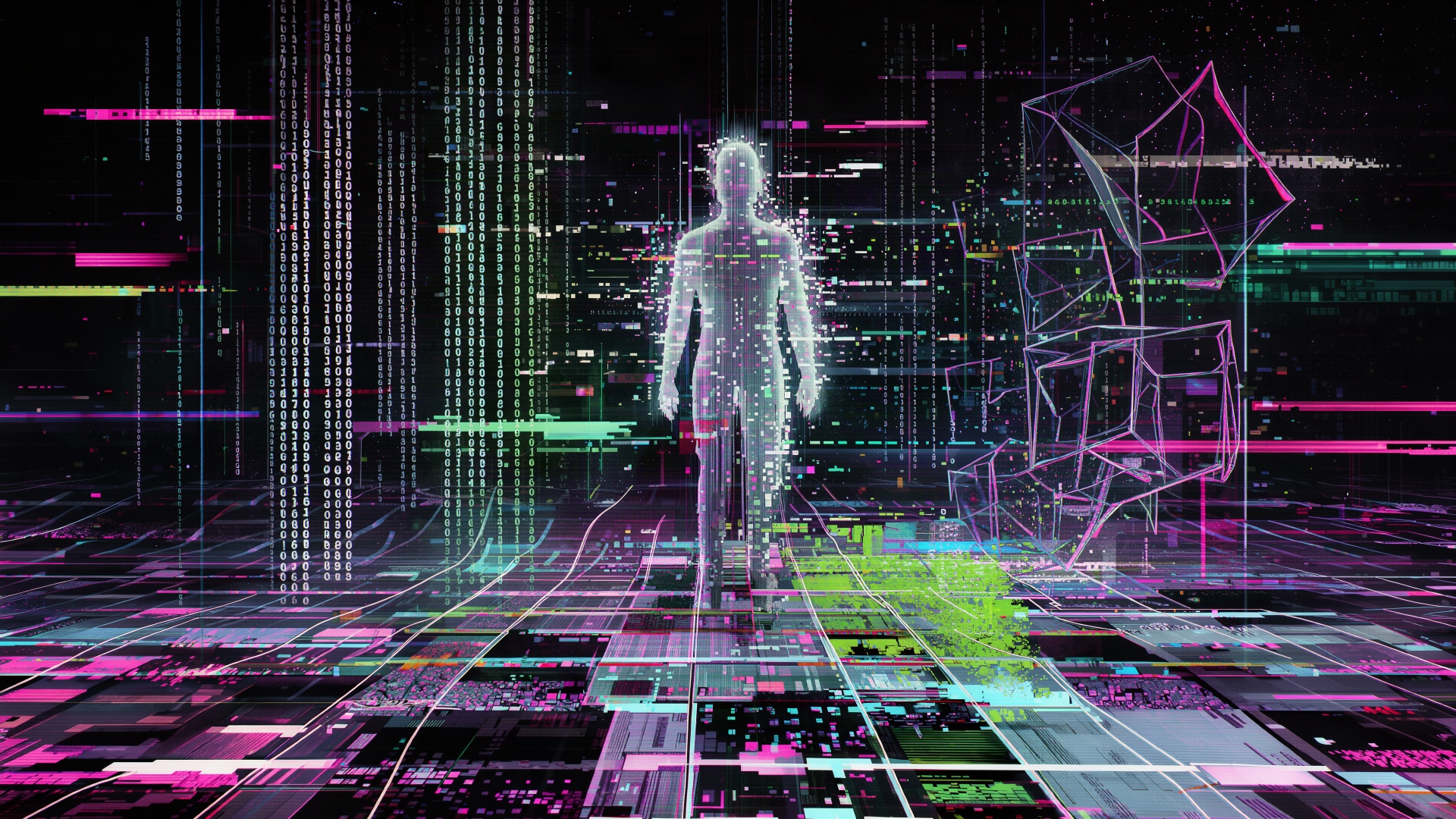 Cyberpunk hologram in a digital glitch virtual reality landscape, 4K Ultra HD PC desktop wallpaper and background.