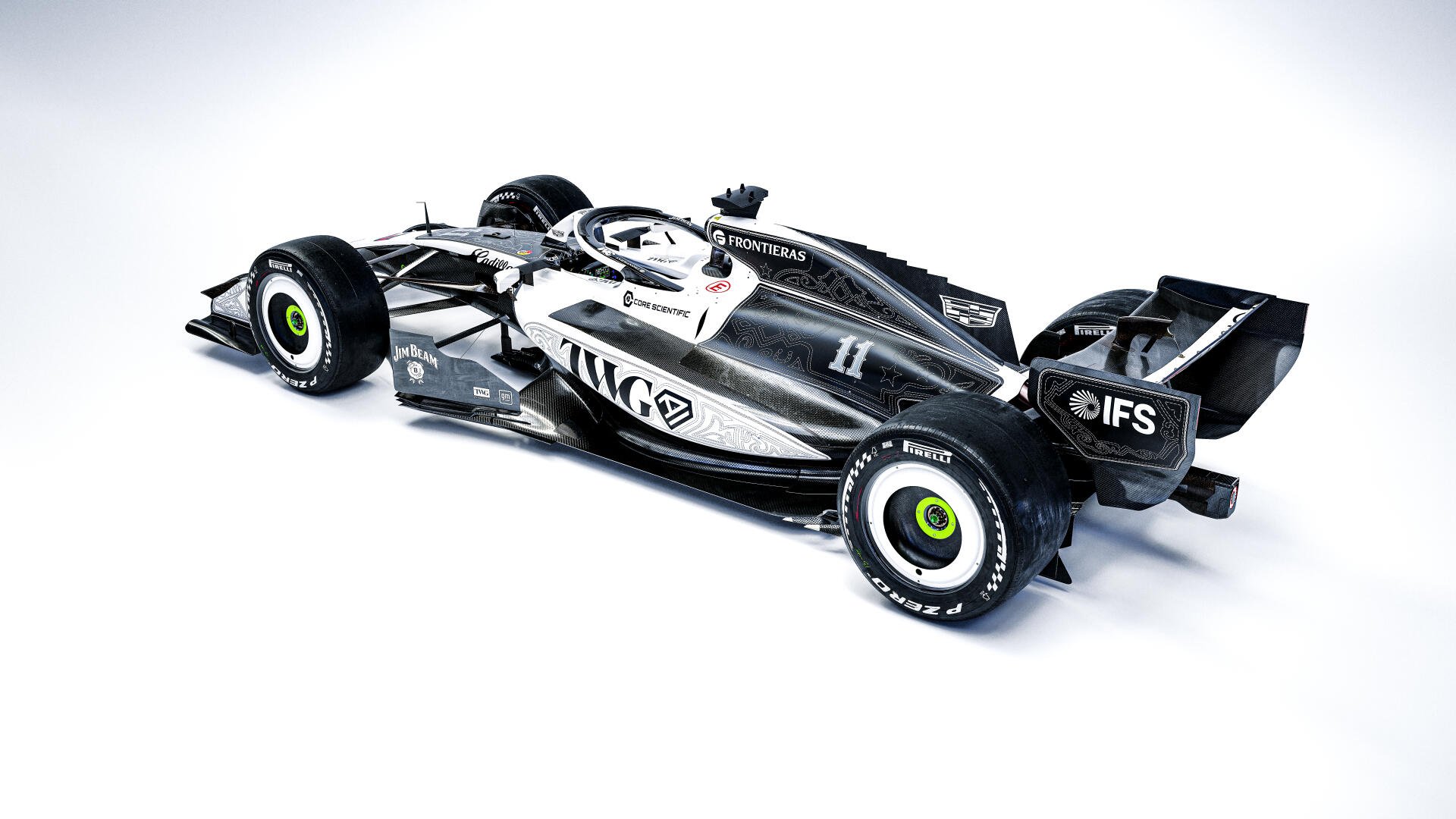 Cadillac MAC-26 Formula One race car in black and white, featured in an 8K Ultra HD PC desktop wallpaper background.