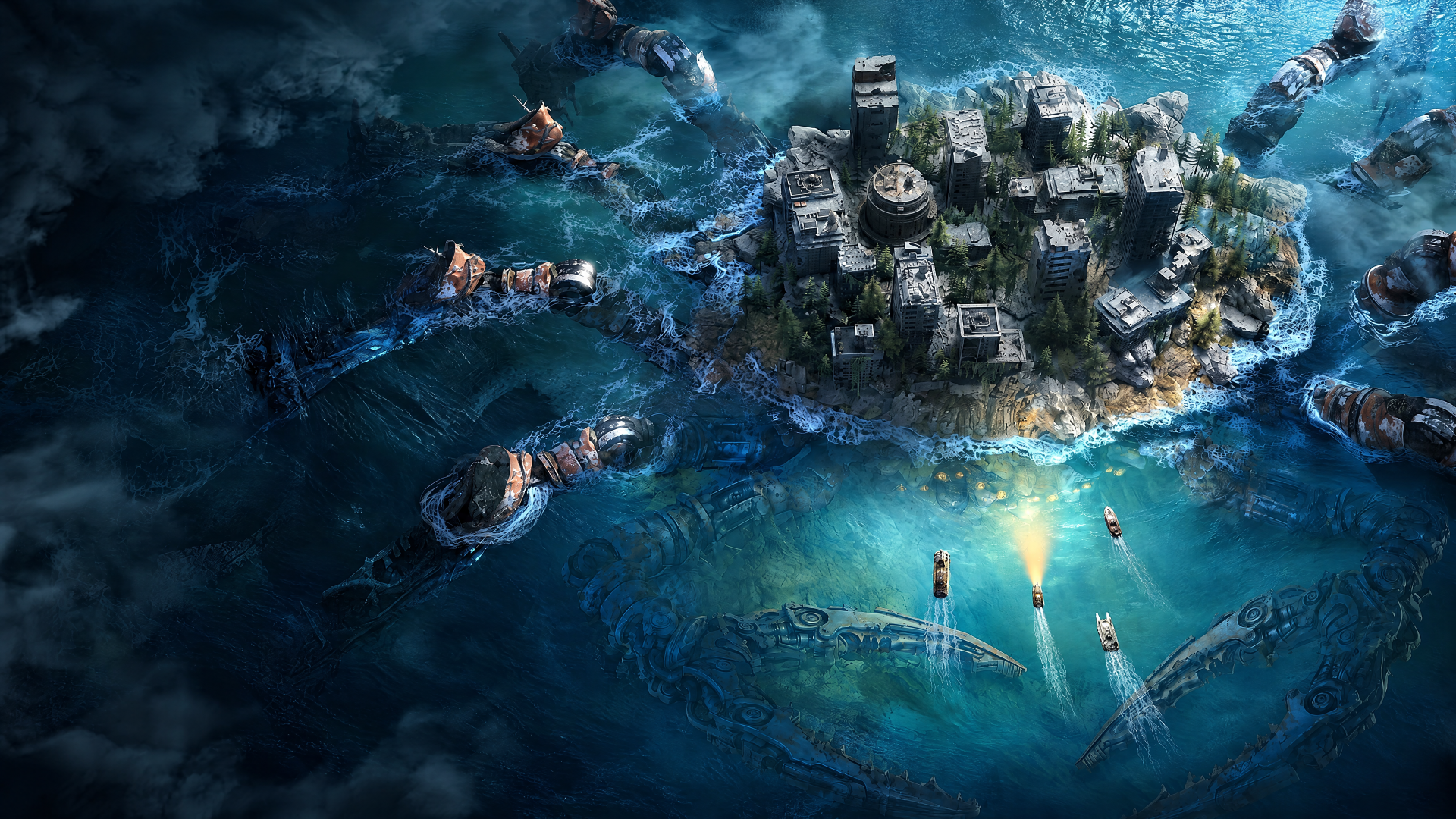 Once Human 4K Ultra HD PC desktop wallpaper showing divers exploring underwater ruins beneath a deep blue ocean.