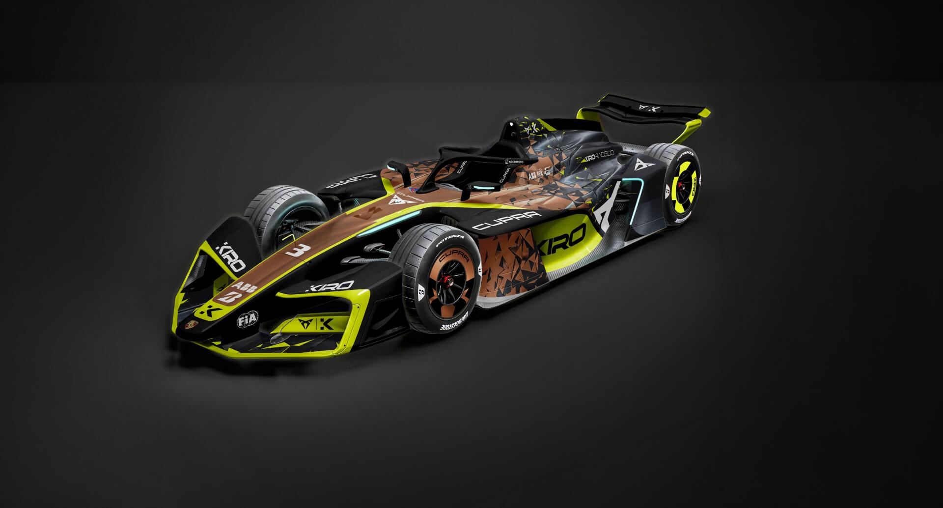 CUPRA KIRO Formula E concept race car in a dramatic studio render, 4K Ultra HD PC desktop wallpaper and background.