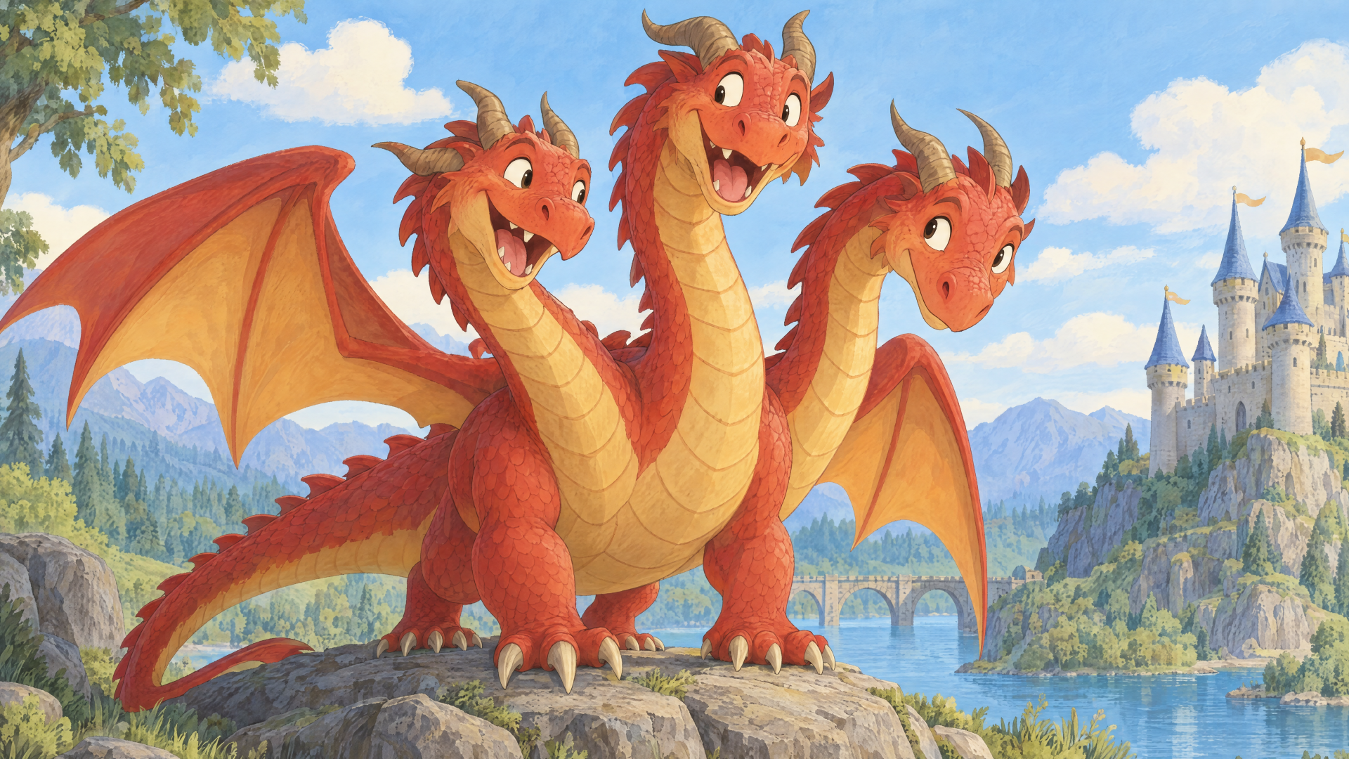 Three-headed orange dragon on a rocky cliff near a fairytale castle, 4K Ultra HD PC desktop wallpaper background.