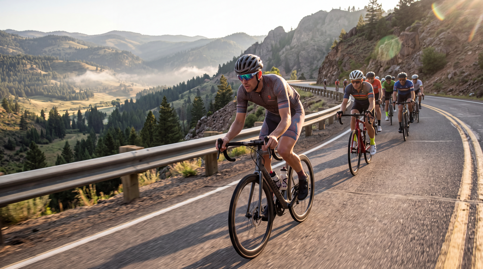 Cyclists riding road bikes along a scenic mountain road, featured in a 5K Ultra HD PC desktop wallpaper and background.