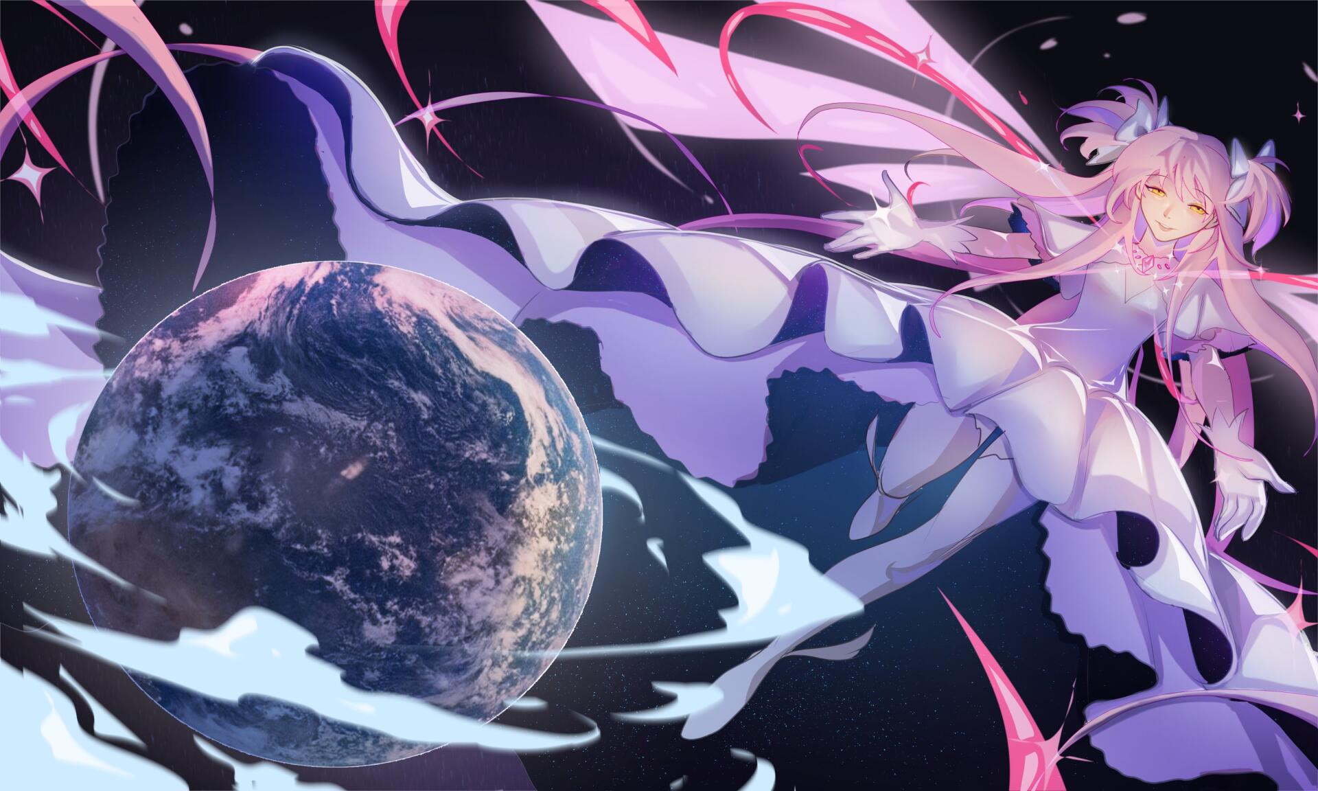 Madoka Kaname floats above Earth in a flowing magical-girl outfit, featured in a 4K Ultra HD anime desktop wallpaper.