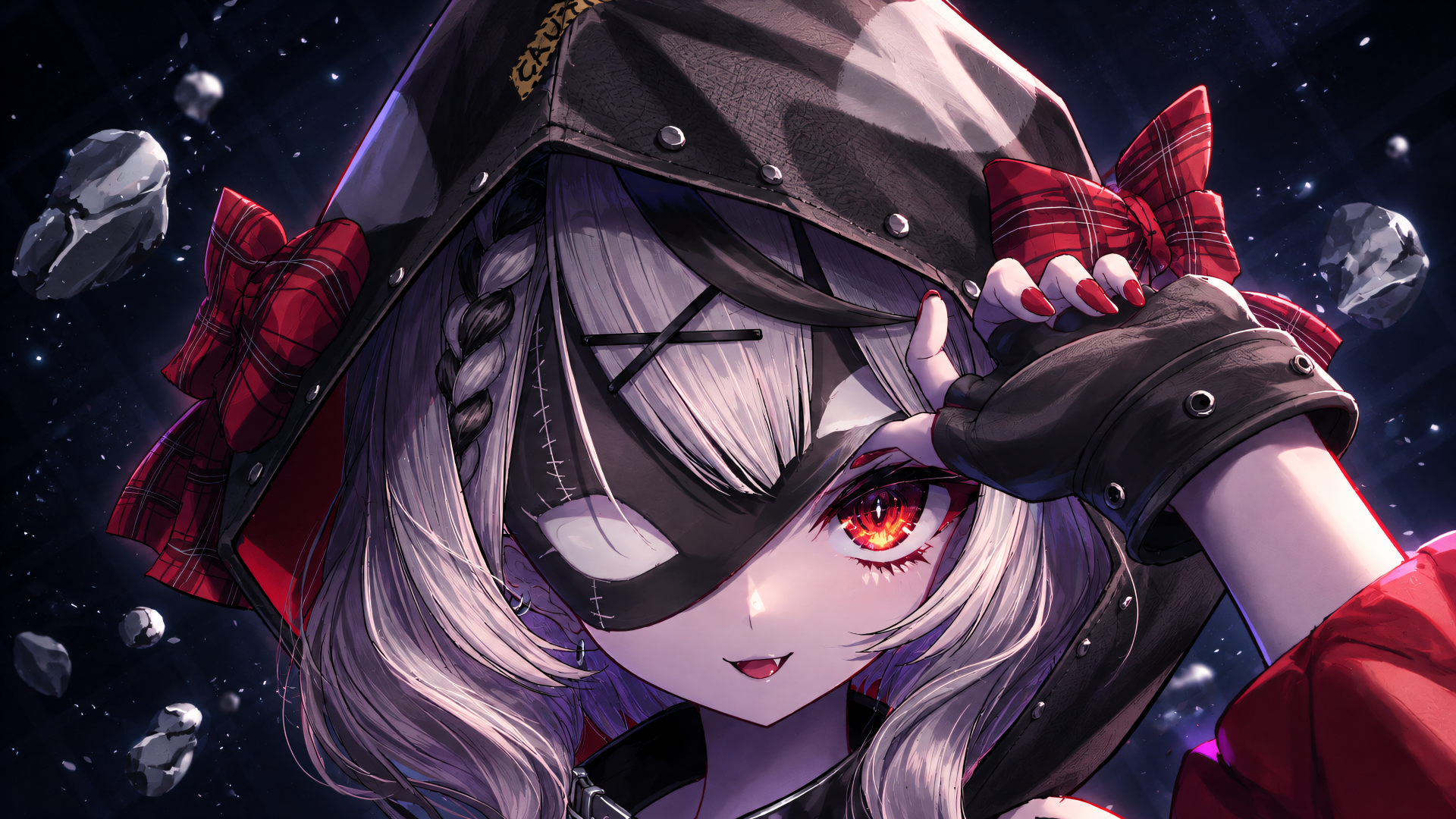 4K anime wallpaper of hololive VTuber Sakamata Chloe with silver hair, an eyepatch, and a black hood against a starry background.