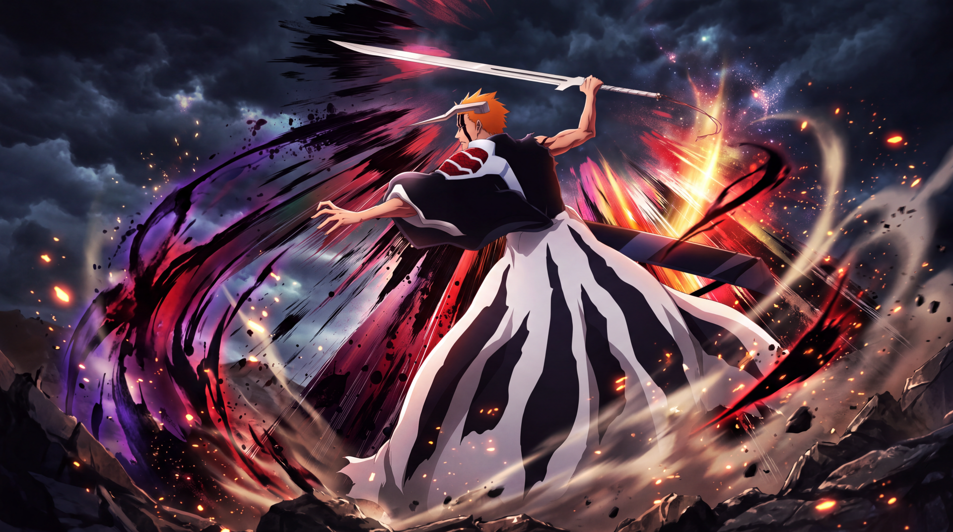 Ichigo Kurosaki swings his sword amid fiery energy and storm clouds in this Bleach: Thousand-Year Blood War 5K Ultra HD desktop wallpaper.