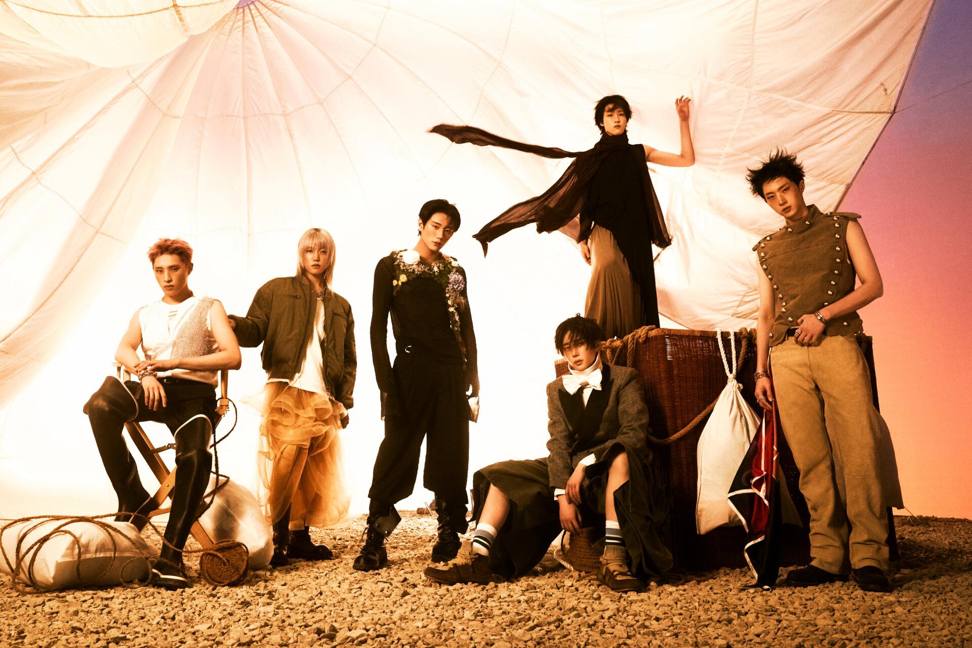 P1Harmony “BLOW UP” group portrait in a sunlit desert setting, 4K Ultra HD PC desktop wallpaper and background.
