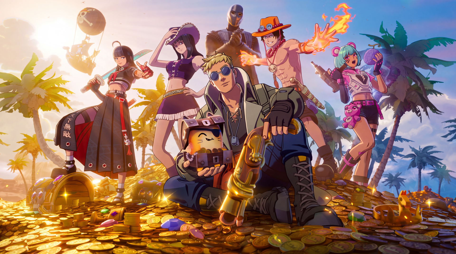 Fortnite game characters, including Portgas D. Ace, pose amid golden treasure in this 5K Ultra HD PC desktop wallpaper.