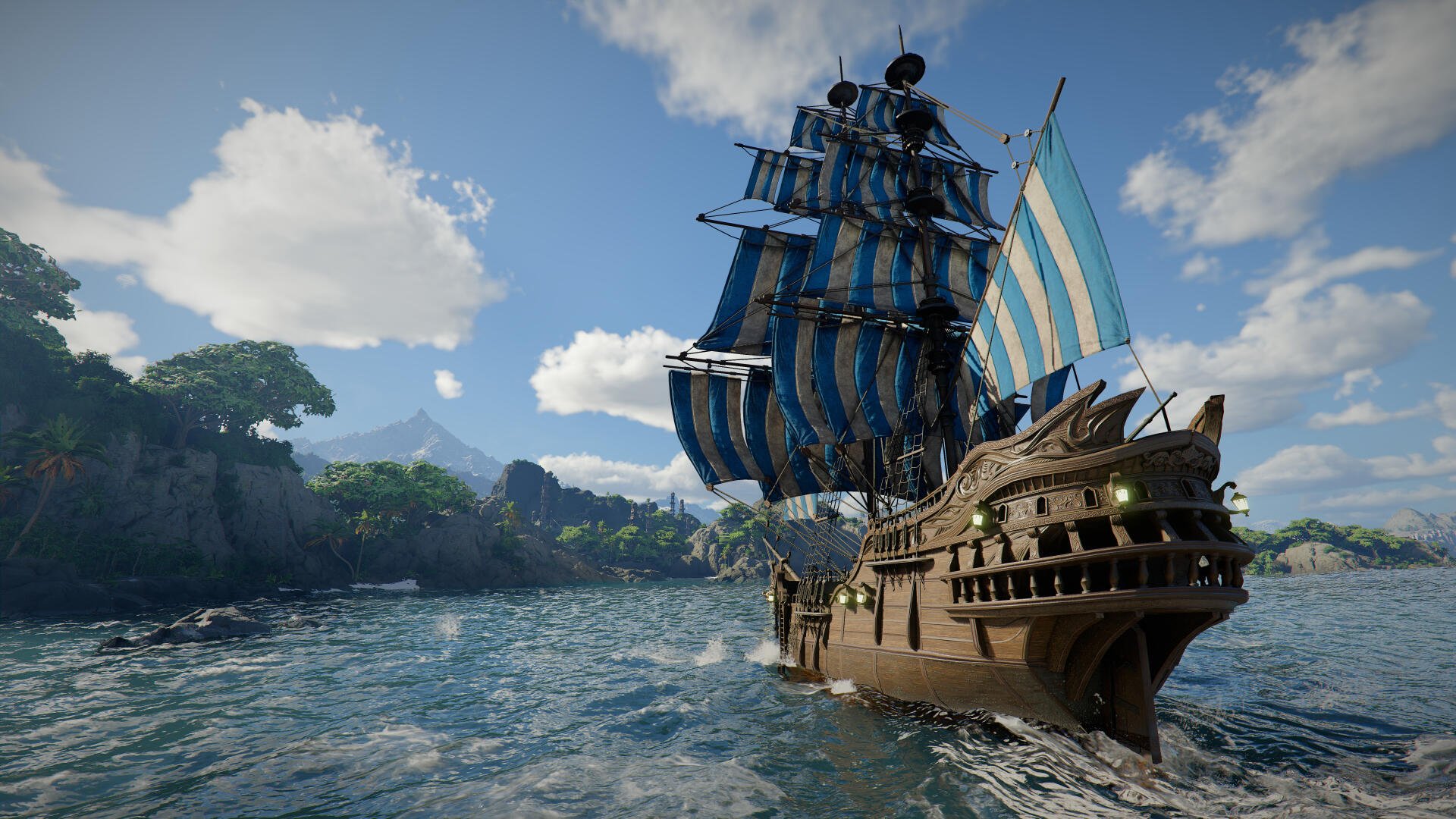 Crimson Desert 5K Ultra HD PC wallpaper of a detailed sailing ship crossing blue waters beneath a bright, cloud-filled sky.