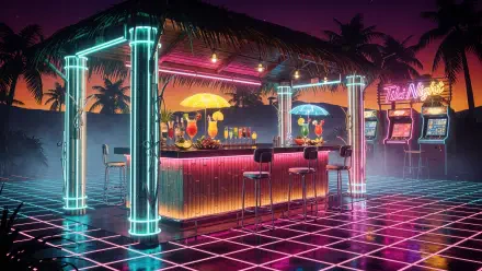 4K Ultra HD desktop wallpaper: neon-lit retro tiki bar on a glowing grid floor, thatched-roof bar with colorful cocktails, palm silhouettes and arcade machines under a purple sunset.