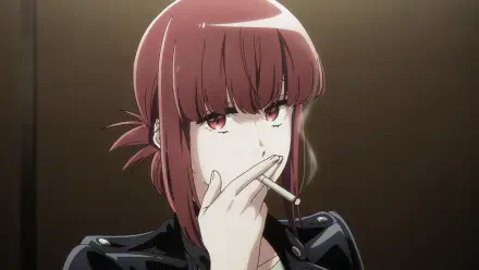 HD PC desktop wallpaper of Yamada from Smoking Behind the Supermarket with You — a red‑haired anime woman in a black jacket smoking a cigarette and staring forward.
