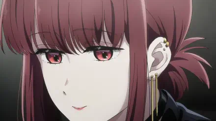 Close-up of Yamada from the anime Smoking Behind the Supermarket with You: red-eyed, auburn hair in a low ponytail, ear piercings and a subtle smile — HD PC desktop wallpaper background.