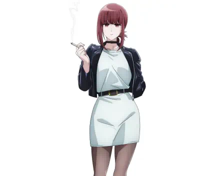 Anime 2K Quad HD PC wallpaper: Yamada from Smoking Behind the Supermarket with You — standing in a white dress and black jacket, holding a cigarette.