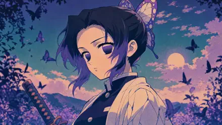 Shinobu Kochou in 4K Ultra HD PC desktop wallpaper background — serene moonlit twilight, purple butterflies swirling, her katana at her side beneath a pastel sky.