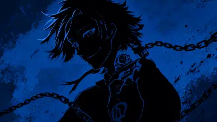Miachael Kaiser 4K Ultra HD PC desktop wallpaper and background: blue-toned silhouette of an anime-style figure with chains and a rose tattoo against a textured night-sky backdrop.