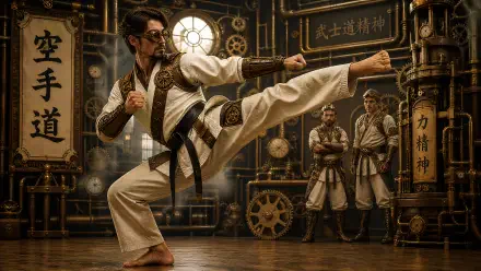 Karate practitioner in a traditional gi executes a high kick inside a gear-filled steampunk dojo — 4K Ultra HD PC desktop wallpaper and background.