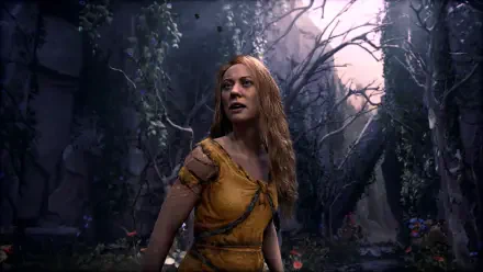 4K Ultra HD PC wallpaper of Laufey from God of War standing in a moonlit, overgrown ruin in a yellow dress, surrounded by twisted trees and pale purple light.