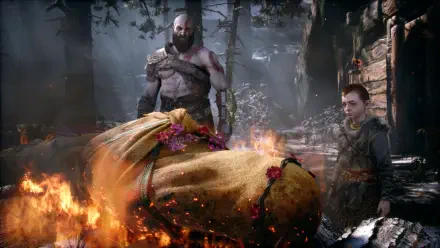God of War video game: Kratos and Atreus stand beside a burning, shrouded body in a misty forest — God of War Laufey, 4K UHD PC desktop wallpaper.