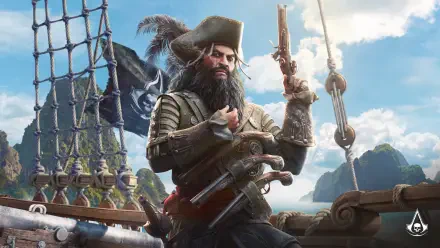 Assassin's Creed Black Flag Resynced pirate captain on a ship deck, pistol raised, cutlass at his hip, ocean and islands behind — 5K Ultra HD PC wallpaper.