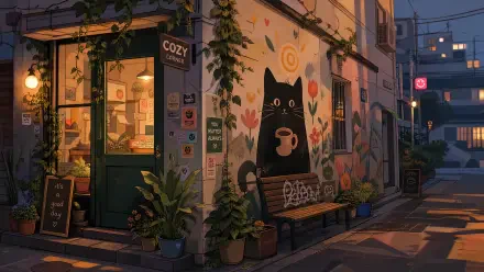 Cozy aesthetic 4K Ultra HD PC desktop wallpaper: evening street-corner café with warm lights, potted plants, a bench and a whimsical black cat mural holding a steaming mug.