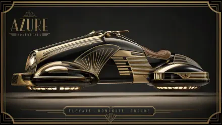 Art-deco gold-and-black hoverbike rendered in 4K Ultra HD, sleek retro-futuristic design floating above a reflective surface — PC desktop wallpaper and background.