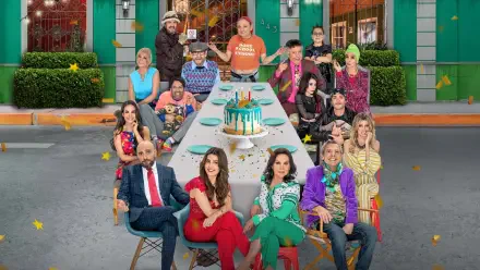 Vecinos 4K Ultra HD PC desktop wallpaper — colorful suburban street scene with a large group of neighbors gathered around a long outdoor table in front of bright, festive houses.