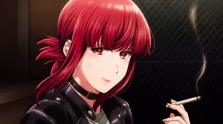 5K Ultra HD PC wallpaper: Yamada from Smoking Behind the Supermarket with You — red‑haired anime girl/waifu in a leather jacket, smoking behind a supermarket.