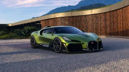 Green Bugatti Brouillard vehicle parked by a wood-paneled building with mountains — 4K Ultra HD PC desktop wallpaper and background featuring the Bugatti.
