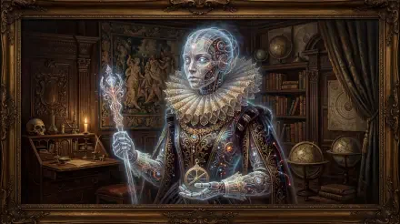 5K Ultra HD PC desktop wallpaper and background: synthoid in Elizabethan ruff and mechanical armor, holding a glowing staff and crystal, standing in a dim, book-lined antique study.