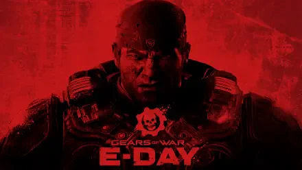 Video game 4K Ultra HD PC desktop wallpaper for Gears of War: E-Day — grim armored soldier against a blood-red backdrop, E-Day emblem and Gears of War logo centered.