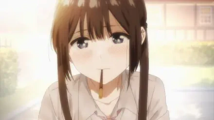 HD PC desktop wallpaper featuring Miku Sakura from I Want to End this Love Game — anime close-up with a biscuit stick in her mouth, soft backlit classroom glow.