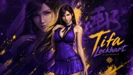 4K Ultra HD PC desktop wallpaper/background featuring Tifa Lockhart in a purple dress, full-body figure with portrait overlay against a purple-and-gold brushstroke backdrop and stylized Tifa Lockhart text.