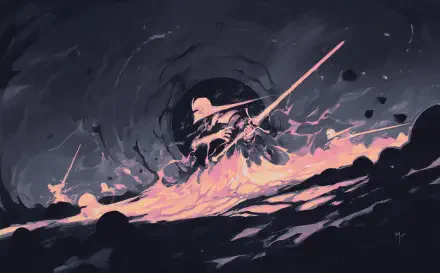 Digital art digital painting illustration: dramatic landscape of a lone warrior swinging a glowing pink sword through swirling dark waves — HD PC desktop wallpaper and background.