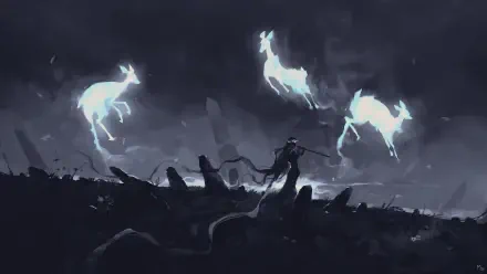 4K Ultra HD digital art digital painting illustration artwork landscape: monochrome scene of a hooded figure summoning three glowing spectral deer above a jagged battlefield.