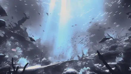 4K Ultra HD digital painting illustration of an underwater landscape artwork: shafts of light through blue depths, schools of fish and coral silhouettes — PC desktop wallpaper