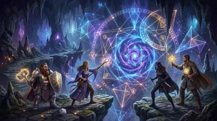 Dungeons & Dragons 5K Ultra HD PC wallpaper/background: four adventurers on cavern ledges cast spells at a swirling, glowing arcane portal of runes and geometric sigils over a chasm.