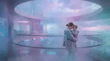 5K Ultra HD PC desktop wallpaper of a mother and child embraced in a misty, neon-lit futuristic atrium, soft pastel tones and reflective floors.