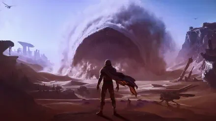 Dune: Awakening 4K Ultra HD PC desktop wallpaper — cloaked figure stands on a dune as a colossal sandworm erupts from the desert beneath a violet sky.
