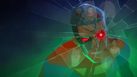 My Adventures With Superman 4K Ultra HD PC desktop wallpaper and background: layered animated Superman images behind cracked glass with a glowing red cybernetic eye and green light effects.