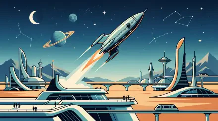 Retro-futuristic cityscape with a rocket launching past planets and constellations, rendered as a 5K Ultra HD PC desktop wallpaper and background.