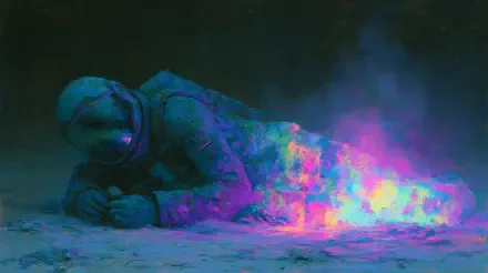 2K Quad HD PC desktop wallpaper/background — sci-fi astronaut lying on alien ground as neon cyan‑pink energy blooms into a smoky aurora.